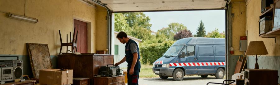 Un professionnel évaluant un garage encombré dans un pavillon des années 60 à Savigny-sur-Orge pendant un débarras.