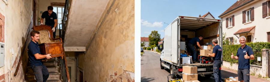 Débarras professionnel à Schiltigheim illustrant accès difficile dans un immeuble ancien et une maison individuelle.