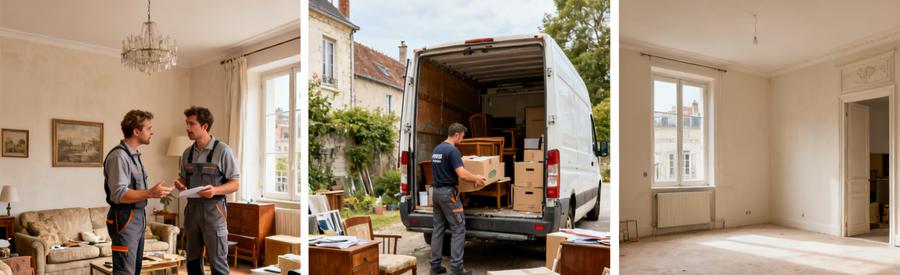 Professionnels du débarras à Sens évaluant des meubles, chargement de camionnette, salon vide après nettoyage.