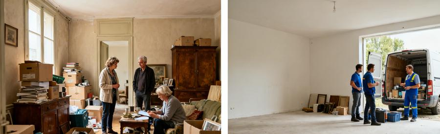 Deux scènes montrant un appartement d'héritage avant et après le débarras à Laval, avec des professionnels en action.