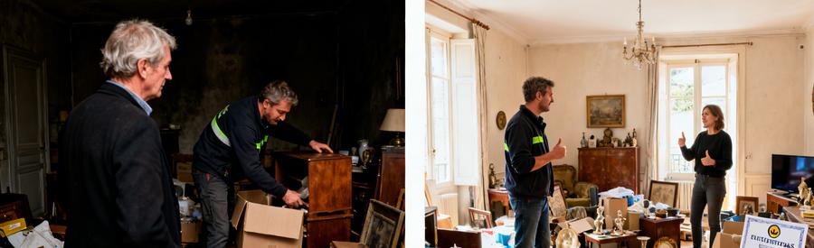 Débarras dans une maison à Mérignac, professionnels triant les objets avec un certificat visible, respect et sérieux.