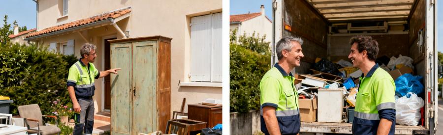 Deux professionnels examinant des objets à débarrasser devant une maison à Talence, échanges agréables sur le volume.