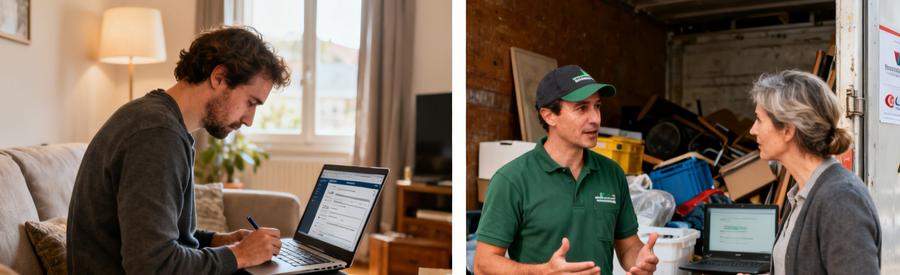 Un particulier se concentre sur un formulaire en ligne pendant qu'un débarrasseur discute avec lui dans un salon.