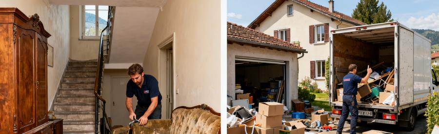 Deux scènes illustrant le débarras à Thonon-les-Bains : une en appartement avec des escaliers étroits, l'autre dans une maison individuelle avec un garage encombré.