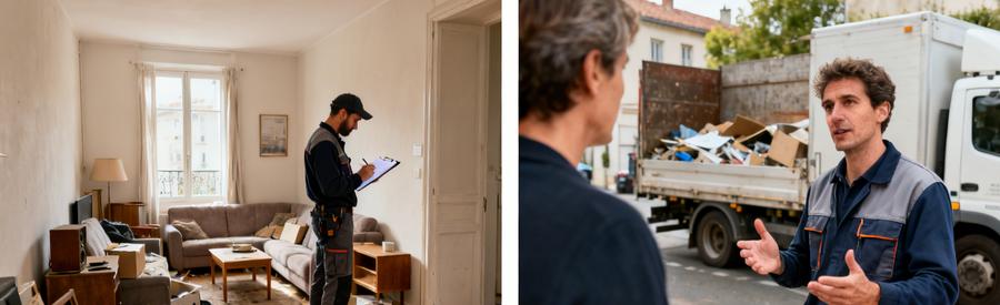 Un débarras urgent, évaluation de l'espace encombré et discussion avec un client.