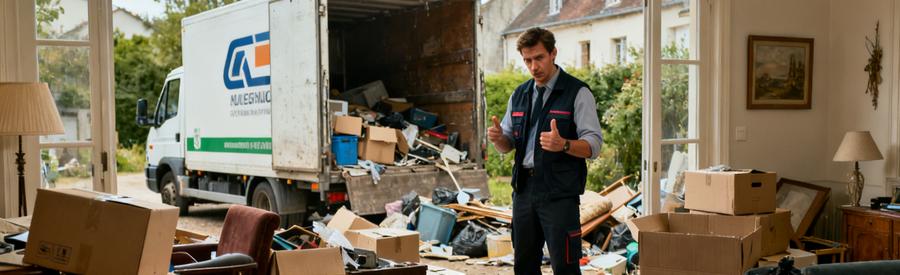 Un débarras urgent est représenté par un professionnel évaluant un logement encombré avec un camion en arrière-plan.