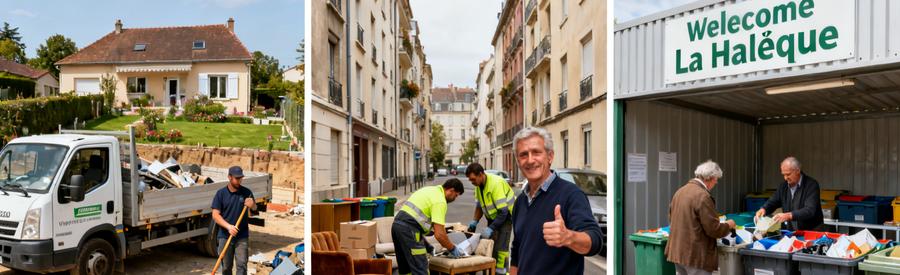 Scènes de débarras à Vertou : chantier avec camionnette, tri d'objets en immeuble, déchetterie Halvêque.
