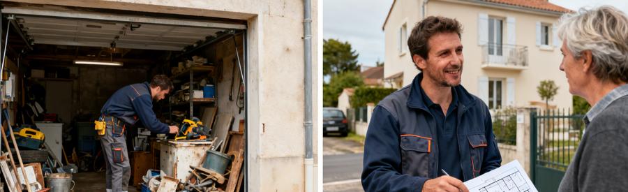 Un professionnel examine un garage avec le client, discutant des objets à évacuer et des contraintes d'accès à Vertou.
