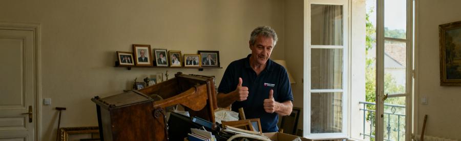 Débarras professionnel à Vertou, spécialiste triant des objets dans une maison, ambiance calme.