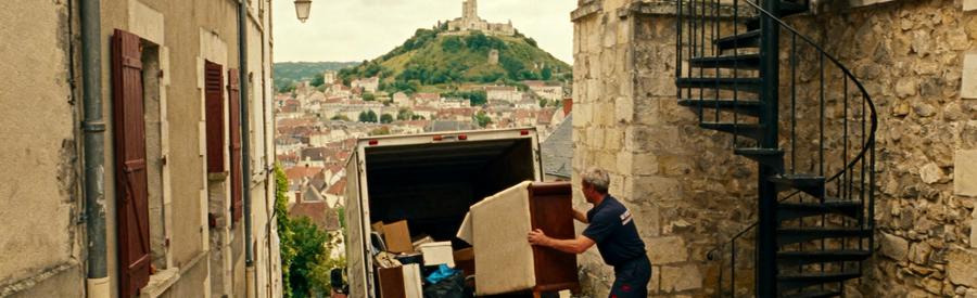 Professionnel en débarras manœuvrant un meuble dans une ruelle étroite de Vesoul, avec la colline de la Motte en arrière-plan.
