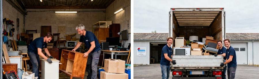 Deux scènes illustrant le processus de débarras à Vierzon avec tri d'objets et chargement dans un camion.