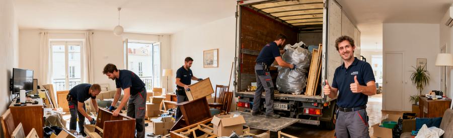 Équipe de débarras professionnelle triant des objets dans un appartement à Vierzon, montrant leur expertise et efficacité.