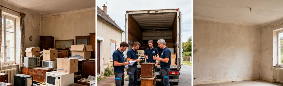 Débarras dans une maison avec une équipe professionnelle inspectant des objets, montrant le processus de vidage.