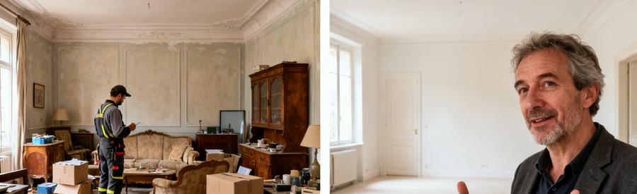 Débarras à Villefranche-sur-Saône : avant et après d'une succession, avec un salon vide et propre.