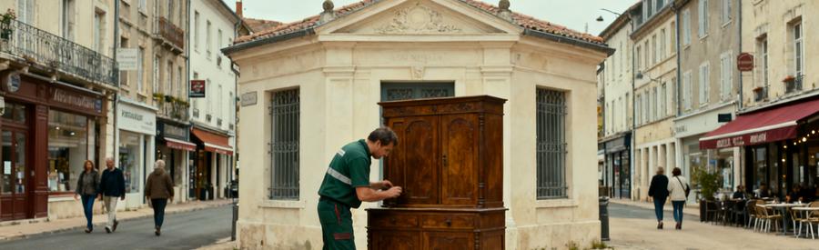 Un professionnel du débarras examine des meubles dans le centre de Villefranche-sur-Saône, avec des habitants en arrière-plan.