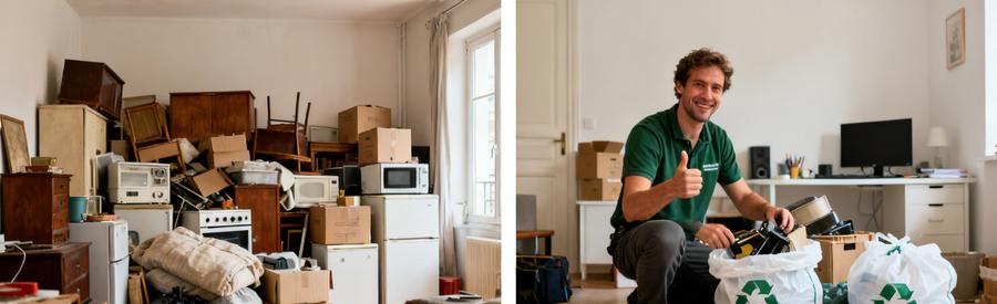 Avant et après le débarras à Viry-Châtillon, mettant en évidence le tri des objets encombrants par un professionnel.