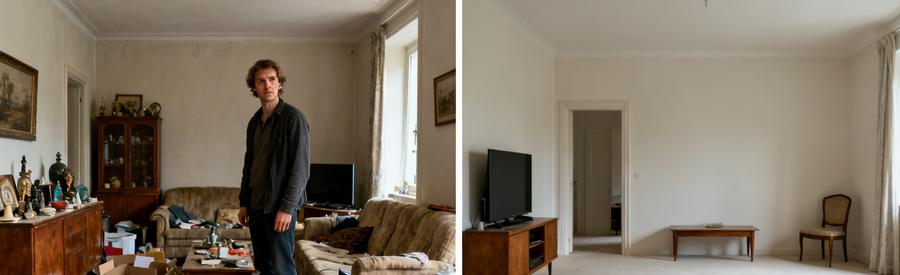 Avant/après d'un salon en cours de débarras à Vitré, montrant un espace encombré et ensuite transformé en endroit propre et rangé.