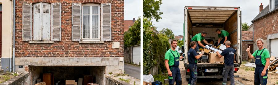 Comparaison d'une maison de ville à Wattrelos, avant et pendant le débarras, montrant le tri et le chargement d'objets.