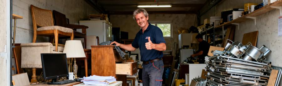 Un débarras professionnel dans le Yonne, triant meubles pour des ressourceries et des métaux pour le recyclage.