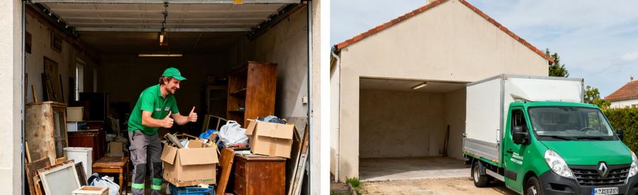 Débarras d'un garage à Orvault montrant le tri d'encombrants et le véhicule professionnel garé devant.