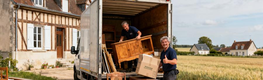 Des professionnels du débarras chargent des meubles dans un camion devant une maison de l'Eure en Normandie, ambiance dynamique.
