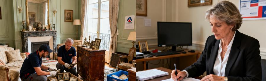 Professionnels triant des objets dans un appartement post-décès, avec une héritière en consultation avec un notaire.