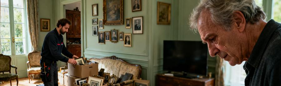 Débarras d'une maison lors d'une succession à Bayonne, avec des professionnels triant des souvenirs pour les héritiers.