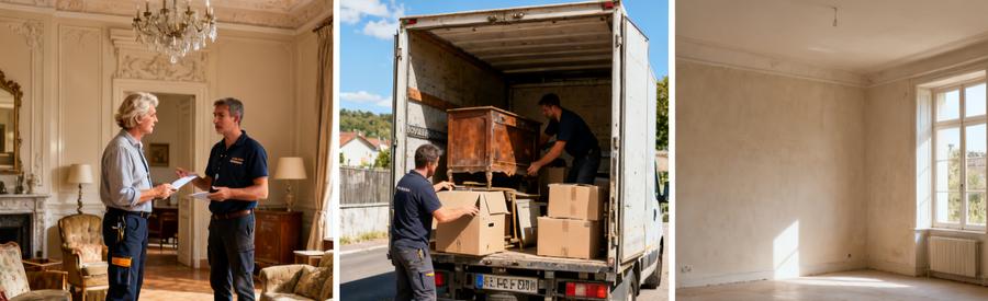 Trois étapes d'un débarras professionnel à Belfort : évaluation, chargement et espace vidé.