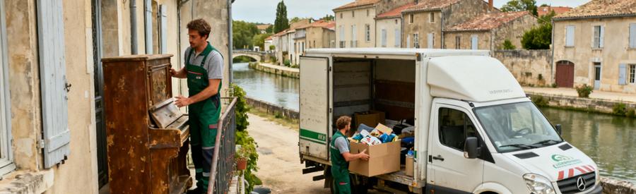 Scène de débarras dans une maison de Castelnaudary avec professionnels évaluant meubles et chargeant un camion.