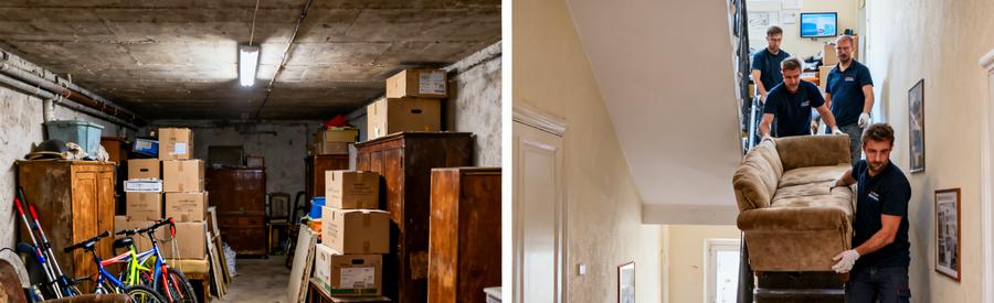 Sous-sol encombré d'une maison à Grand-Quevilly et professionnels débarrant un appartement au dernier étage.