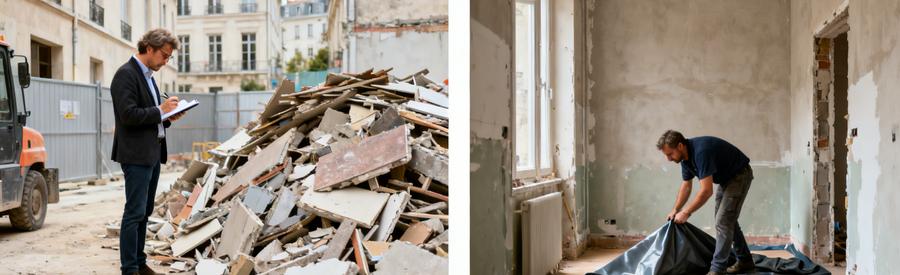 Évaluation de gravats sur un chantier et protection des sols par des professionnels.