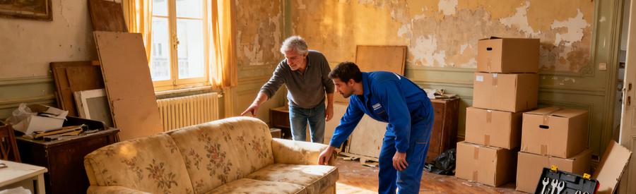 Un professionnel évalue des objets dans un salon à Le Grand-Quevilly, montrant l'importance de la mise en relation pour le débarras.