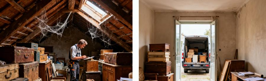 Avant et après d'un débarras à Libourne : grenier encombré à vide-maison rangé.