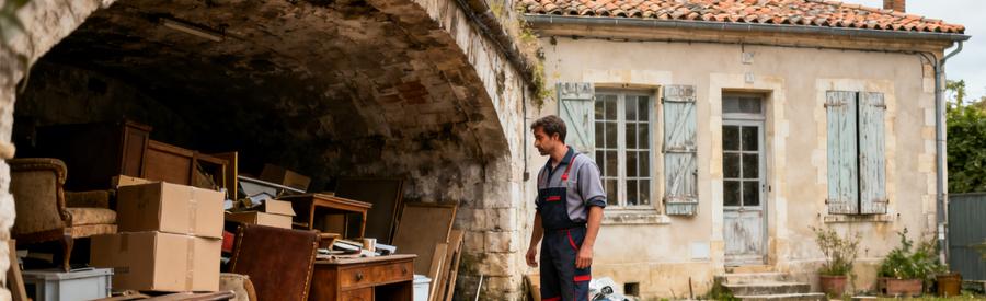 Un professionnel du débarras inspecte une cave voûtée à Libourne, entouré de vieux meubles et cartons.