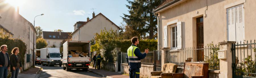 Un débarras professionnel évalue un pavillon en rue étroite à Massy, avec des camions stationnés au loin.