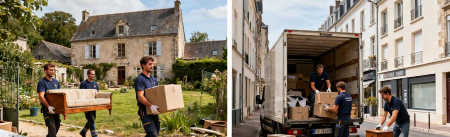 Comparaison de débarras : longère isolée et appartement de Laval, professionnels en action.