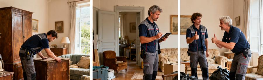Deux débarras professionnels inspectant et discutant de meubles anciens dans un salon, montrant leur expertise.
