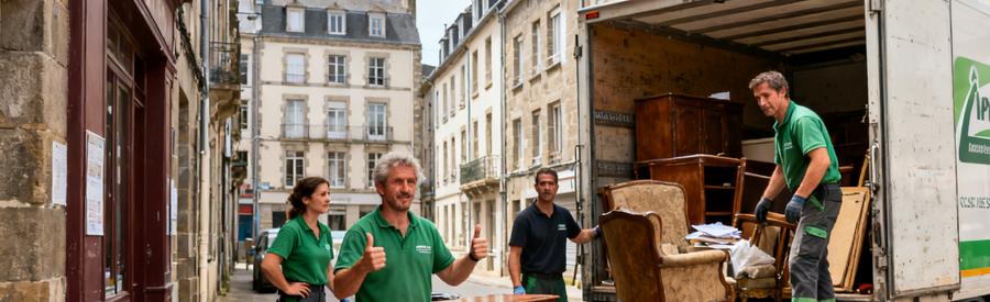 Professionnels du débarras chargeant un camion dans une ruelle étroite de Saint-Brieuc, montrant leur expertise.