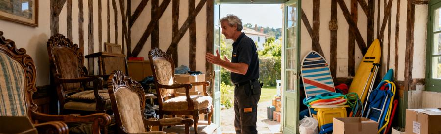 Un professionnel évalue des meubles d'une résidence secondaire à Saint-Jean-de-Luz, intégrant l'architecture basque.