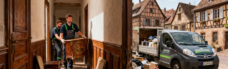 Débarras professionnel dans une maison médiévale à Sélestat, avec des meubles transportés et une camionnette compacte.