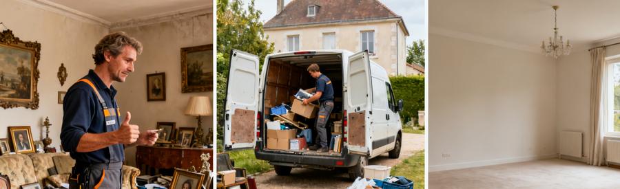 Débarras de succession à Anglet, professionnels évaluant et évacuant les objets d'un salon, scène avant et après.