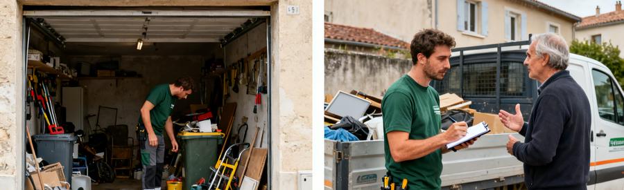 Scène à Gap : débarrasseur inspectant un garage en désordre et prenant des notes pour un devis.