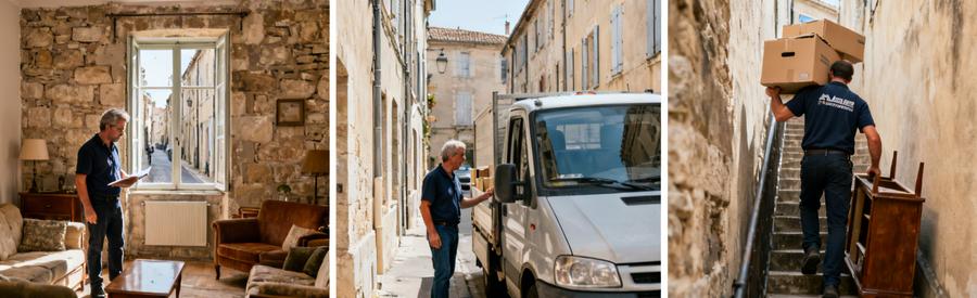 Débarrasseur professionnel à Agen négociant des accès difficiles à un salon ancien, transport d'objets à travers des espaces réduits.