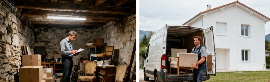 Débarras Aix-les-Bains : évaluation d'objets en cave et chargement de meubles dans camionnette.