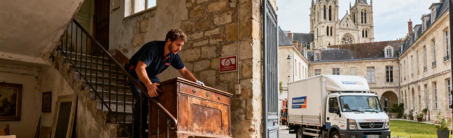 Professionnel débarras manœuvrant un meuble dans un immeuble ancien de Nevers avec la cathédrale en arrière-plan.