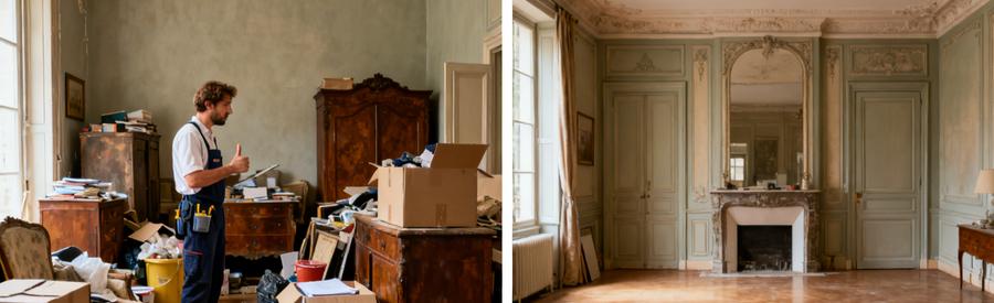 Débarrasseur évaluant un salon encombré avant l'intervention, à gauche, et le même salon vide après débarras, à droite.