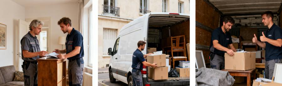 Deux professionnels discutent dans un appartement avant le débarras, une camionnette est chargée à l'extérieur.