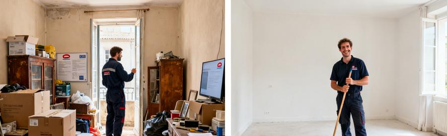 Avant/après d'un appartement à Mende, débarras par un professionnel, espaces dégagés et propres.