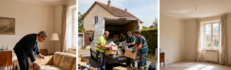 Professionnels du débarras inspectant des meubles dans un appartement à Vesoul et chargeant des objets dans une camionnette.