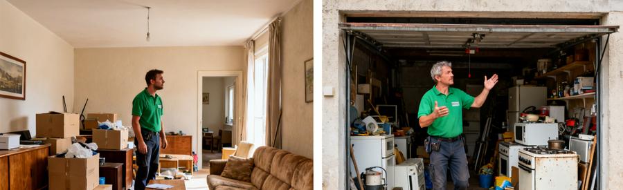 Professionnel du débarras évaluant un salon et un garage dans les Ardennes pour un débarras.